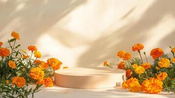 A round pedestal is accented by vibrant marigold flowers, creating a bright and inviting atmosphere. The warm sunlight casts soft shadows around the display, adding to the cheerful ambiance. photo