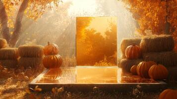 A serene setting in a forest during autumn, featuring pumpkins scattered around hay bales. The golden light filters through the trees, creating a magical atmosphere filled with seasonal charm. photo