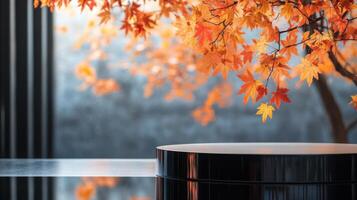 A round black podium sits on a glossy black surface. The podium is positioned in front of a large window with fall leaves. The leaves are orange and yellow, and they are out of focus. photo