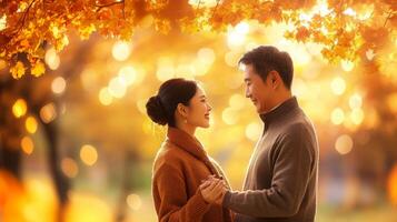 A couple stands face to face, smiling joyfully while holding hands beneath vibrant golden autumn leaves. The warm light creates a romantic atmosphere in a serene park setting. photo