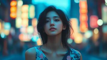 A young woman gazes thoughtfully into the distance while standing in a bustling urban setting. The neon lights glow around her, creating a colorful backdrop that highlights the nighttime atmosphere. photo