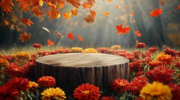 A wooden stump with a flat top sits in the middle of a field of red and yellow flowers photo