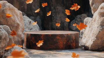 Golden autumn leaves swirl gracefully around a wooden pedestal, surrounded by rugged rocks in a serene cave. The warm light enhances the natural beauty, creating a tranquil and inviting atmosphere. photo