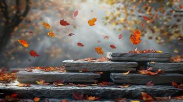Brightly colored autumn leaves gently swirl in the air around stone steps nestled amidst a quiet forest photo