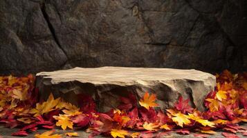 A flat, round stone platform rests in a pile of red and yellow autumn leaves. The stone is rough and textured, and the leaves are scattered around it. The background is a dark, rough-hewn rock wall. photo