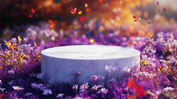 A white, round pedestal sits in the middle of a field of purple and white flowers. The flowers are in full bloom, and there are red leaves falling from the trees in the background photo