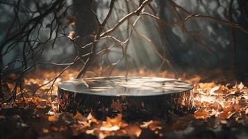 In a peaceful forest clearing, sunlight streams through trees, illuminating a reflective surface resting on a carpet of autumn leaves. Twisted branches create an enchanting, tranquil atmosphere. photo