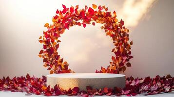 An artistic arrangement of vibrant red and orange leaves forms a circular shape around a flat display platform. The leaves, scattered throughout, enhance the creative presentation, suggesting autumn. photo
