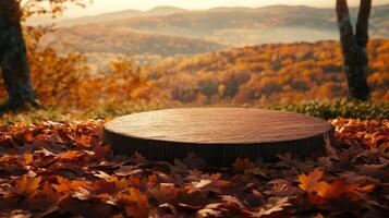 A serene wooden platform is surrounded by vibrant autumn leaves in a peaceful forest photo