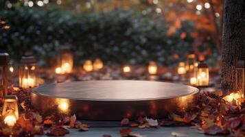 A wooden platform is placed in a forest setting. The platform is surrounded by lit lanterns and fallen autumn leaves. The platform is empty, providing space for a product display or other object. photo