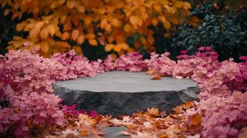 Vibrant autumn leaves in shades of orange and pink create a serene atmosphere around a stone platform, nestled in a peaceful garden. This spot invites quiet reflection and appreciation of nature. photo