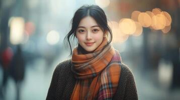 A young asian woman stands in busy urban area, dressed in a warm sweater and a colorful scarf. She smiles softly, surrounded by a backdrop of blurred lights and people, hinting at a lively atmosphere. photo