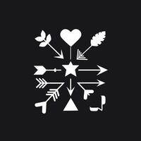 An abstract image featuring a heart, star, triangle, and various arrow designs on a black background. vector