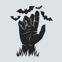 A black silhouette of a hand reaching from the grass with bats flying around it. vector