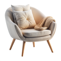 Beige Single armchair with round pillow and blanket isolated on transparent background png