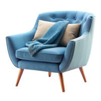 Blue Single armchair with round pillow and blanket isolated on transparent background png