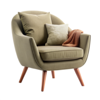 Luxury olive chair with round pillow and blanket isolated on transparent background png