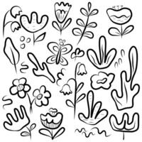 Black and white retro set with different flowers. Doodle illustration isolated on white background in vintage style. 70s 60s nostalgic elements for poster, card, etc vector