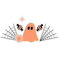 Ghost surrounded by cobweb and candies illustration on white background vector