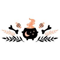 A black pot with a flame on top, bones and twigs, hand drawn cauldron illustration vector