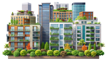 Simple Urban Buildings with Greenery and Sustainable Design isolated on transparent background png