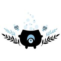 Cauldron with an eye, bubbles and twigs illustration on white background vector