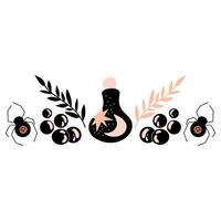 Magic flask surrounded by twigs, spiders and pearls illustration vector