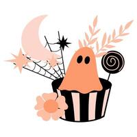 Ghost in a basket with cobweb, twigs and candy illustration vector