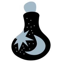 Magic flask with elixir illustration, potion bottle closed with a cork, stars and moon, black and blue flask illustration vector