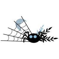 A spider web with a spider on it on a white background. The spider is black and has blue eyes, moon, twigs vector
