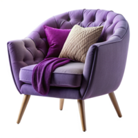 Purple Single armchair with round pillow and blanket isolated on transparent background png