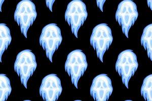 skull face with blue fire seamless pattern background for print on textile, wrapping. bogeyman face with flame old school pattern on black background. groovy blue flaming with ghost face pattern vector