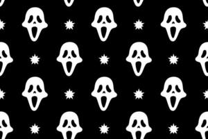 skull face with star seamless pattern background for print on textile, wrapping,banner, card. bogeyman face, scary ghost old school pattern on black background. groovy white spooky ghost face pattern vector