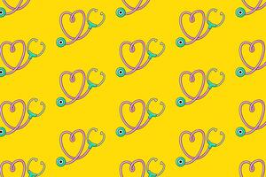 stethoscope with love colorful pattern on yellow background. doodle stethoscope medical seamless pattern background. funny stethoscope with heart shape seamless pattern for decor and merchandise vector
