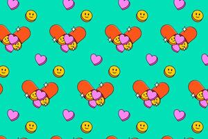 capsule pills with love and smile colorful pattern on green background for decor and merchandise vector