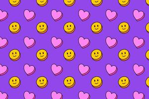 love and smile face shape colorful pattern on purple background. doodle smile face and heart pills seamless pattern background. funny face and love seamless pattern for decor and merchandise vector