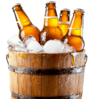 Beer bottles in a wooden bucket with ice png