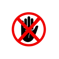 Stop hand or no entry area sign red prohibited ban symbol in red and black color. Stop sign. No entry. Black arm in a red crossed circle. Stop hand symbol for prohibited activities png