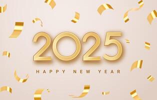 2025 New Year with golden confetti ribbon. Happy new year 2025 celebration background. Festive christmas banner with falling confetti on bright background. 2025 3d number, vector