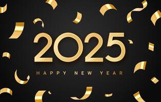 Happy new year 2025 celebration background. Festive christmas banner with falling confetti. 2025 golden 3d number with ribbons on black gradient background. vector