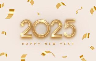 Happy new year 2025 background banner. Realistic golden confetti and 2025 number design. New year greeting card and celebration background. Banner for Christmas holiday. vector