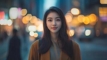 A woman with long, dark hair is standing in the middle of a city street at night. She is wearing a brown jacket and looking directly at the camera with a slight smile photo