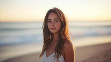 A young woman stands by the shore, gazing at the horizon as the sun sets, casting a warm glow over the beach and creating a peaceful ambiance with soft waves lapping gently at the sand. photo