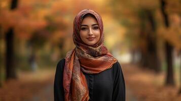 A young woman with a warm smile wears an intricately patterned hijab while standing in a park surrounded by vibrant autumn trees. The sun casts a golden light, enhancing the serene atmosphere. photo
