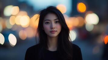 A young woman stands in an urban setting during dusk, exuding confidence as city lights create a colorful bokeh effect around her. The warm glow from the background enhances the atmosphere. photo