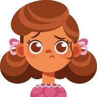 Emotion of a little girl. On the child's face there is regret, disappointment, surprise, questions, confused. Large head of a curly girl for set of stickers. vector