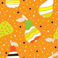 a pattern with pears and leaves on an orange background vector