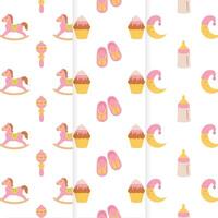 Baby shower set of seamless patterns. It's a girl. Seamless patterns with rocking horse, rattle, shoes, cupcake, feeding bottle, moon. vector
