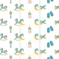 Baby shower set of seamless patterns. It's a boy. Seamless patterns with rocking horse, rattle, shoes, airplane, feeding bottle, moon. vector