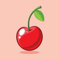 A red cherry with green leaves on a pink background vector